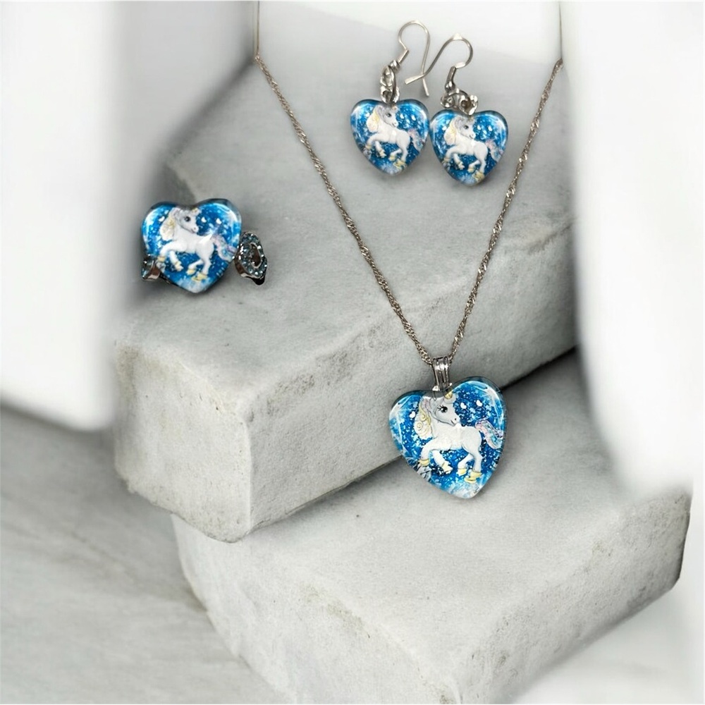 Blue Heart Unicorn Jewelry Set